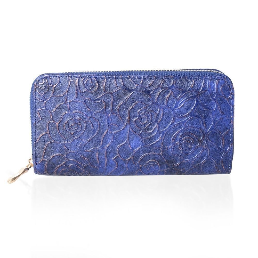 Wallet Embossed Rose Pattern Metallic Frame Blue - Picture 3 of 4